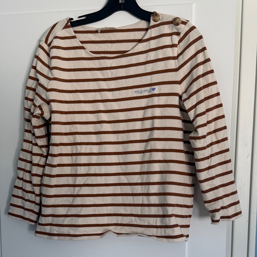Sezane Brown and Cream Striped Long Sleeve Tee